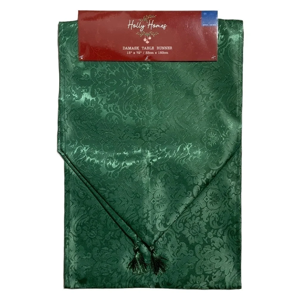 Holly Homes Table Runner Silky Holiday Christmas Green Damask 13 in x 72 in